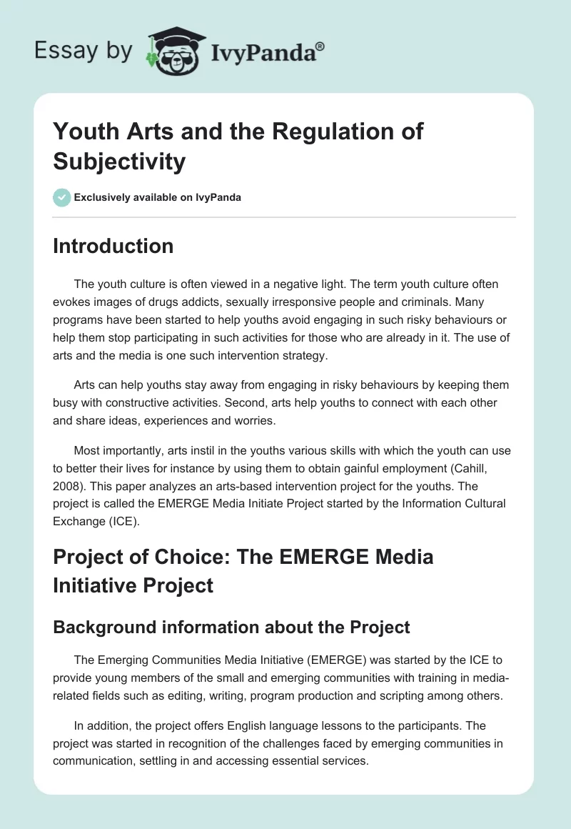 Youth Arts and the Regulation of Subjectivity. Page 1