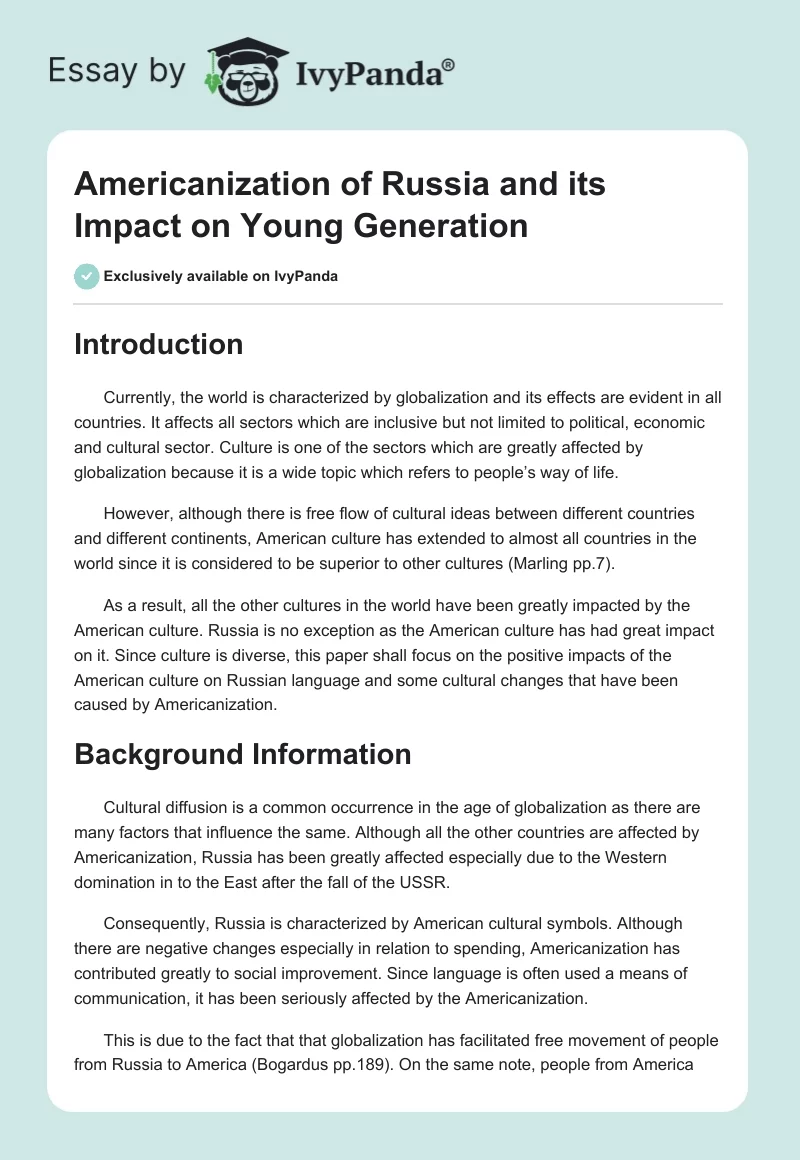 Americanization of Russia and its Impact on Young Generation. Page 1