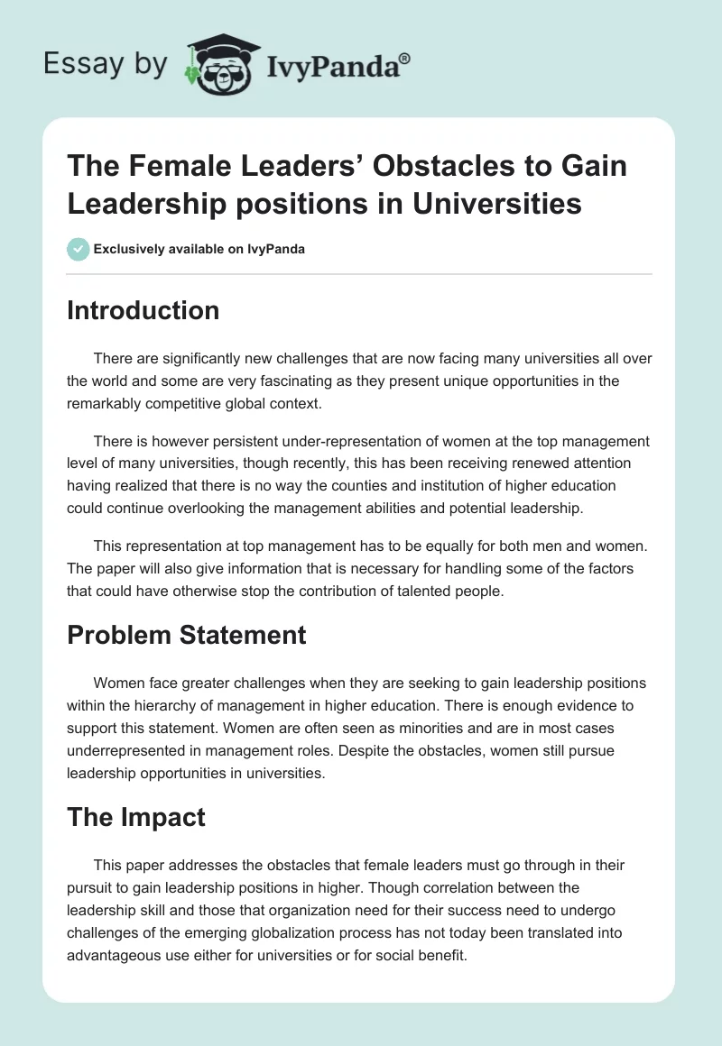The Female Leaders’ Obstacles to Gain Leadership positions in Universities. Page 1