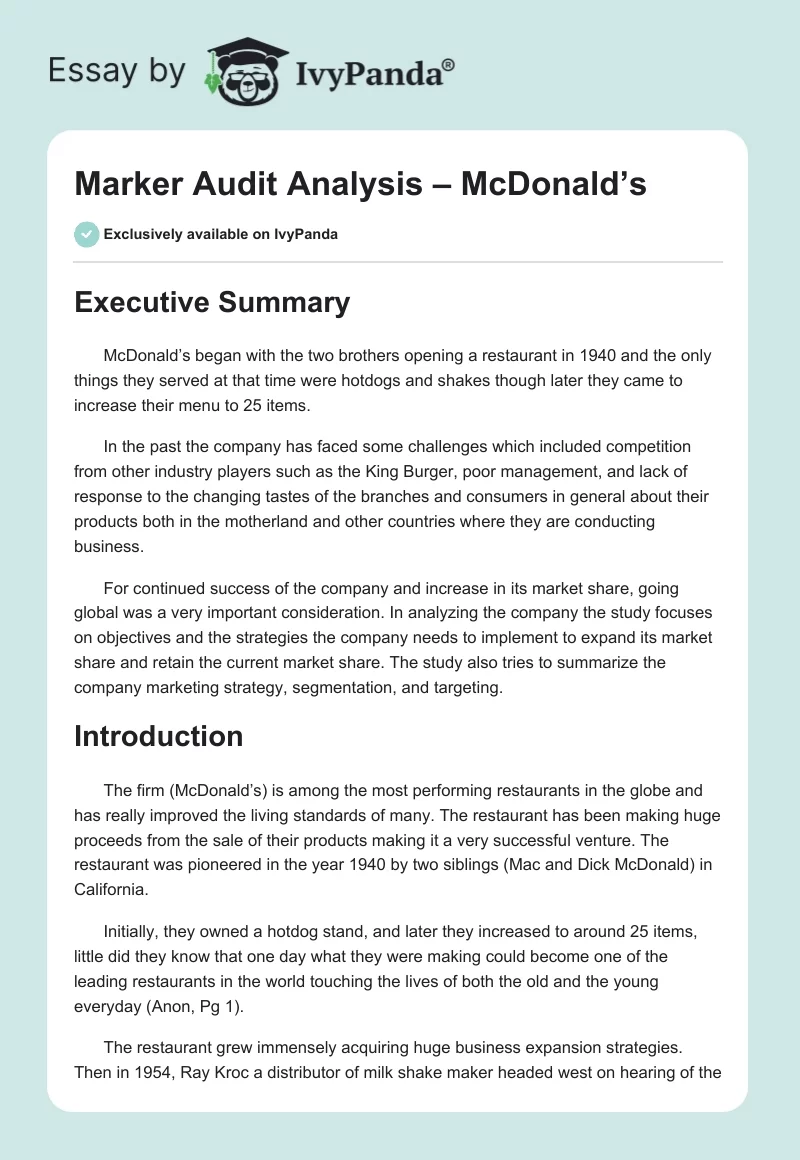 Marker Audit Analysis – McDonald’s. Page 1
