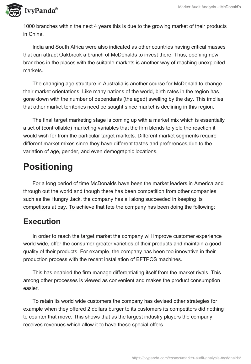 Marker Audit Analysis – McDonald’s. Page 5
