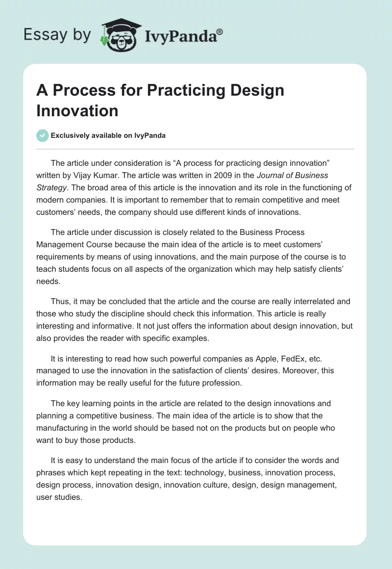 A Process for Practicing Design Innovation. Page 1