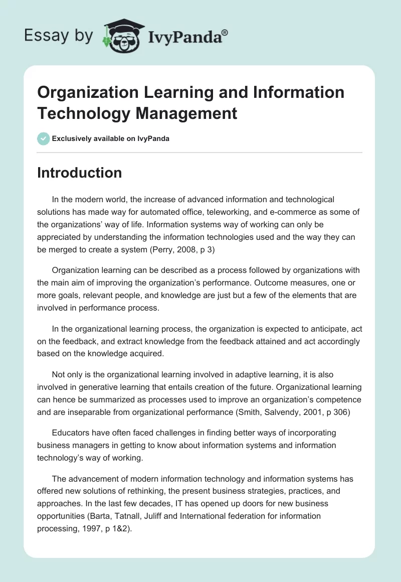 Organization Learning and Information Technology Management. Page 1