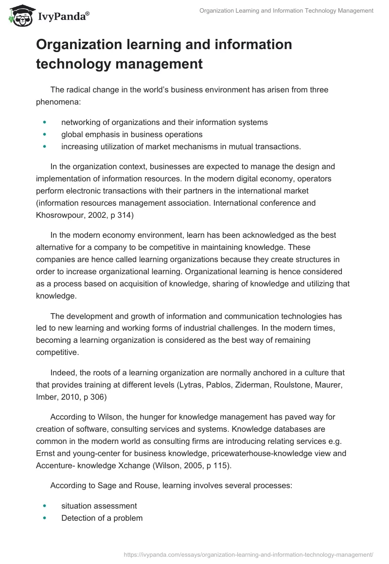 Organization Learning and Information Technology Management. Page 2