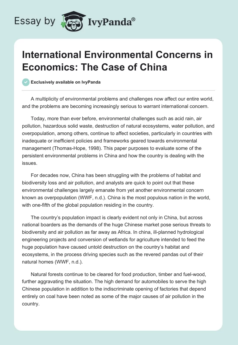 International Environmental Concerns in Economics: The Case of China. Page 1