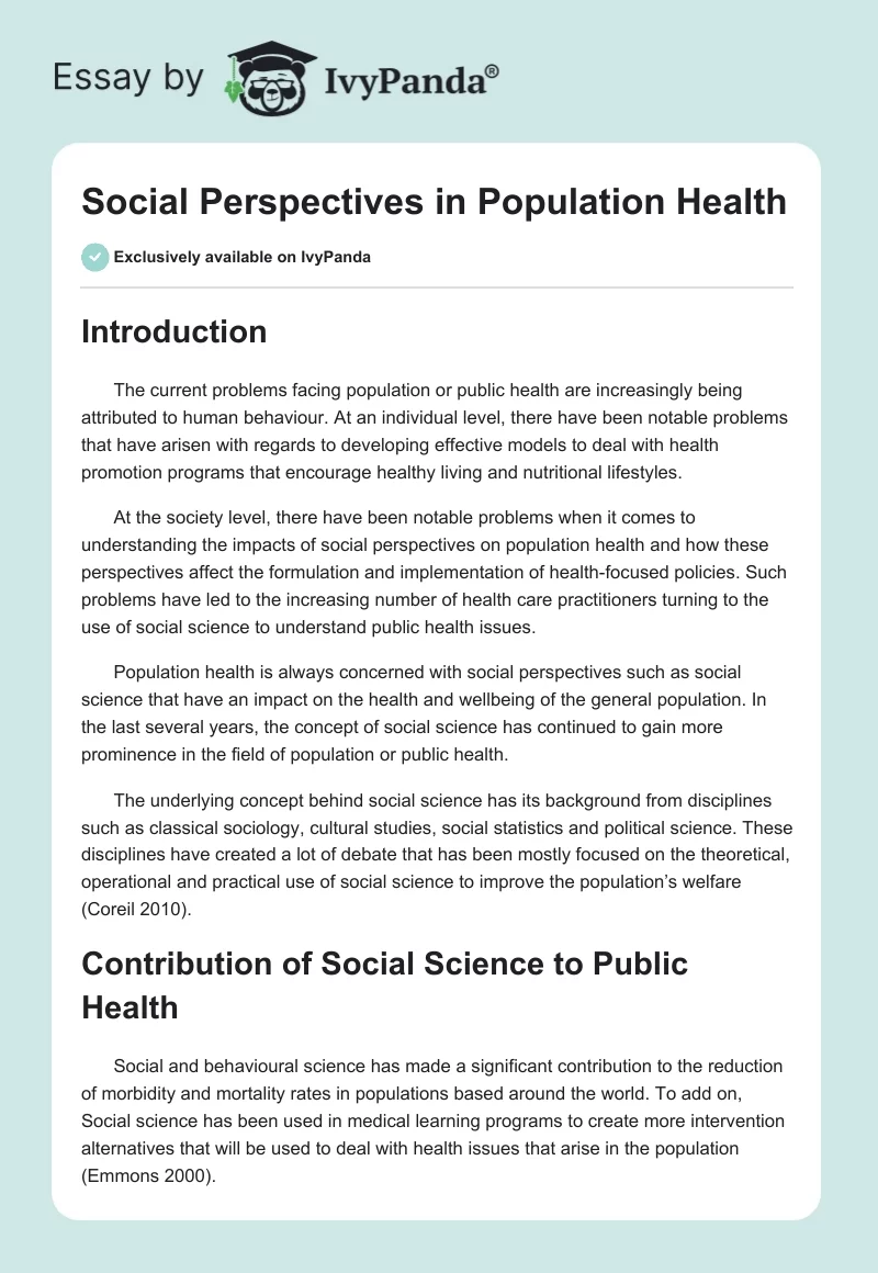 Social Perspectives in Population Health. Page 1