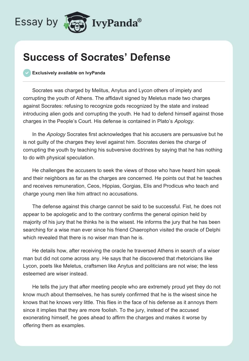 Success of Socrates’ Defense. Page 1