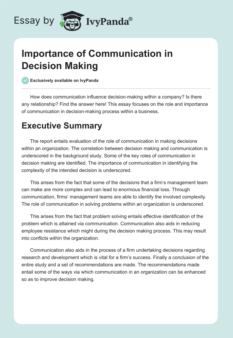 Importance of Communication in Decision Making. Page 1
