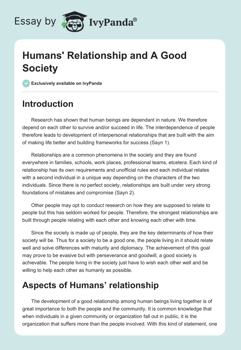Humans' Relationship and A Good Society. Page 1