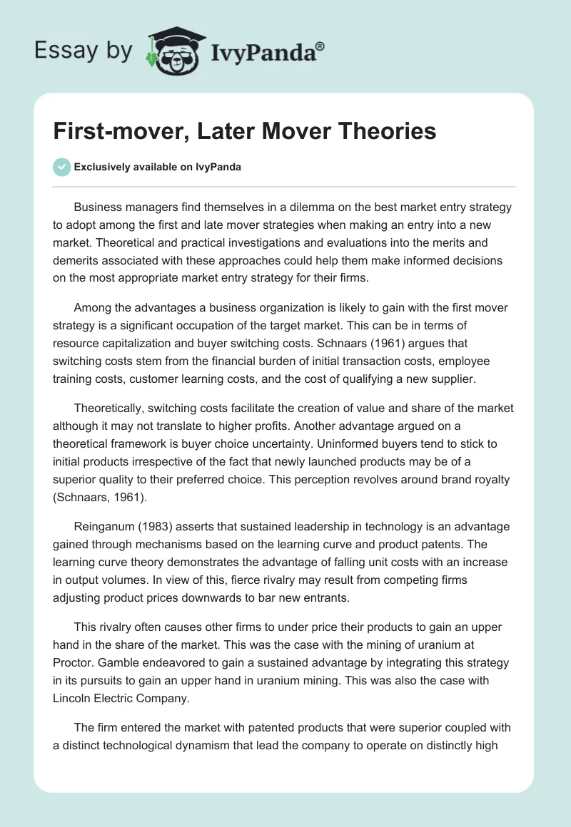 First-mover, Later Mover Theories. Page 1