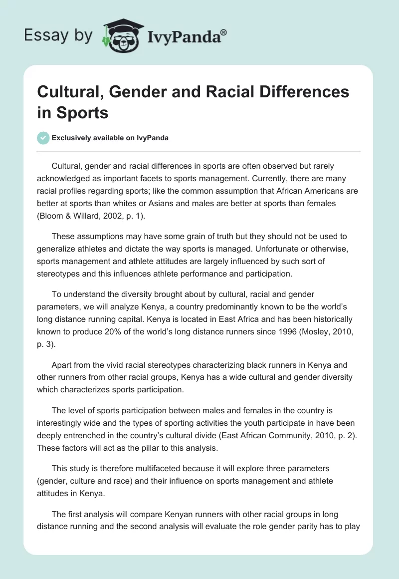 Cultural, Gender and Racial Differences in Sports. Page 1
