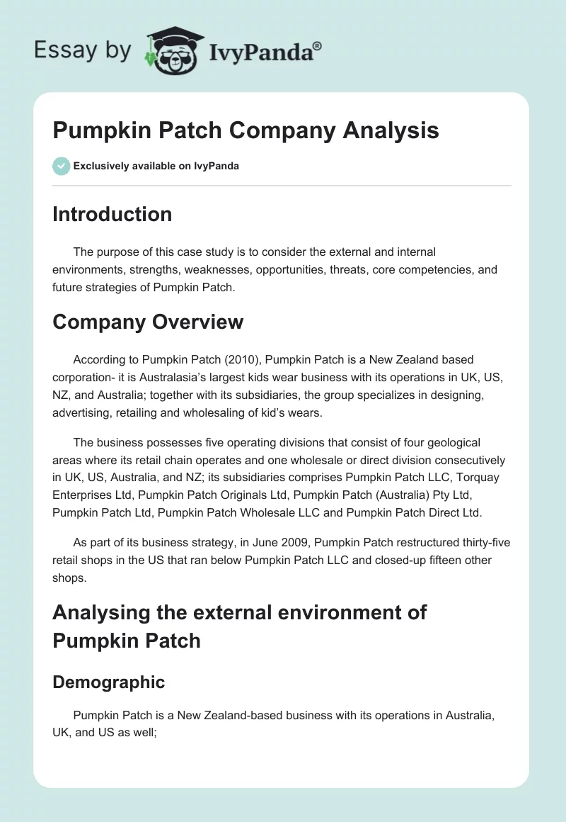 Pumpkin Patch Company Analysis. Page 1