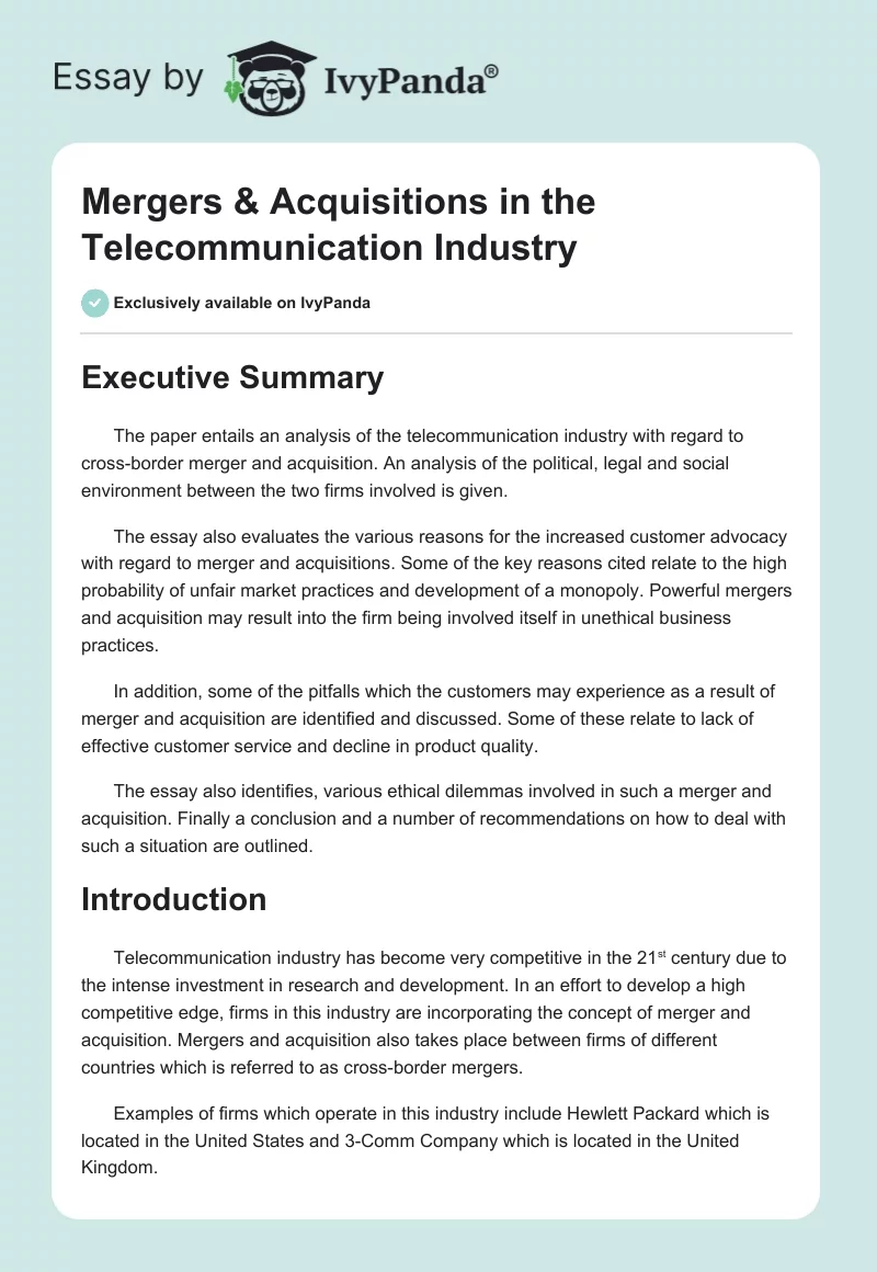 Mergers & Acquisitions in the Telecommunication Industry. Page 1