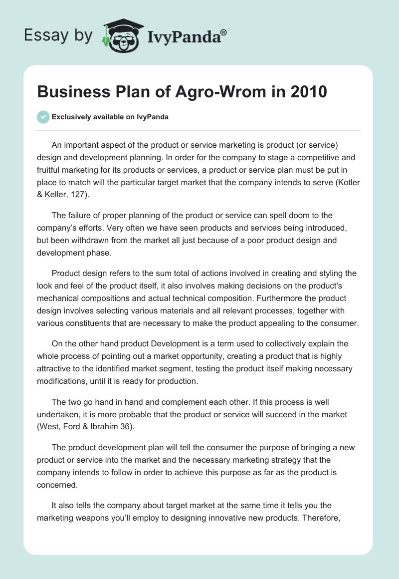 Business Plan of Agro-Wrom in 2010. Page 1