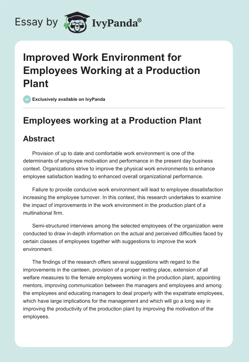 Improved Work Environment for Employees Working at a Production Plant. Page 1