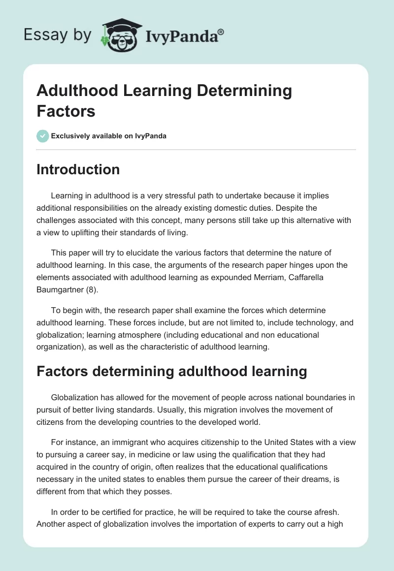 Adulthood Learning Determining Factors. Page 1