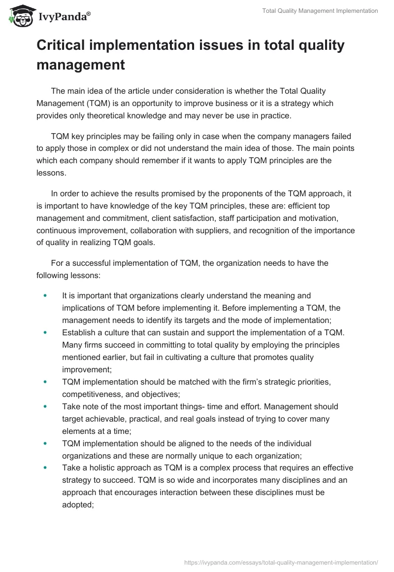 Total Quality Management Implementation. Page 5