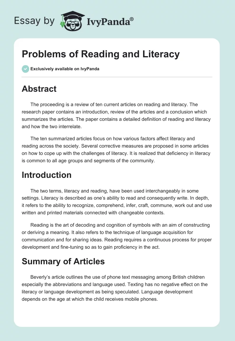 Problems of Reading and Literacy. Page 1