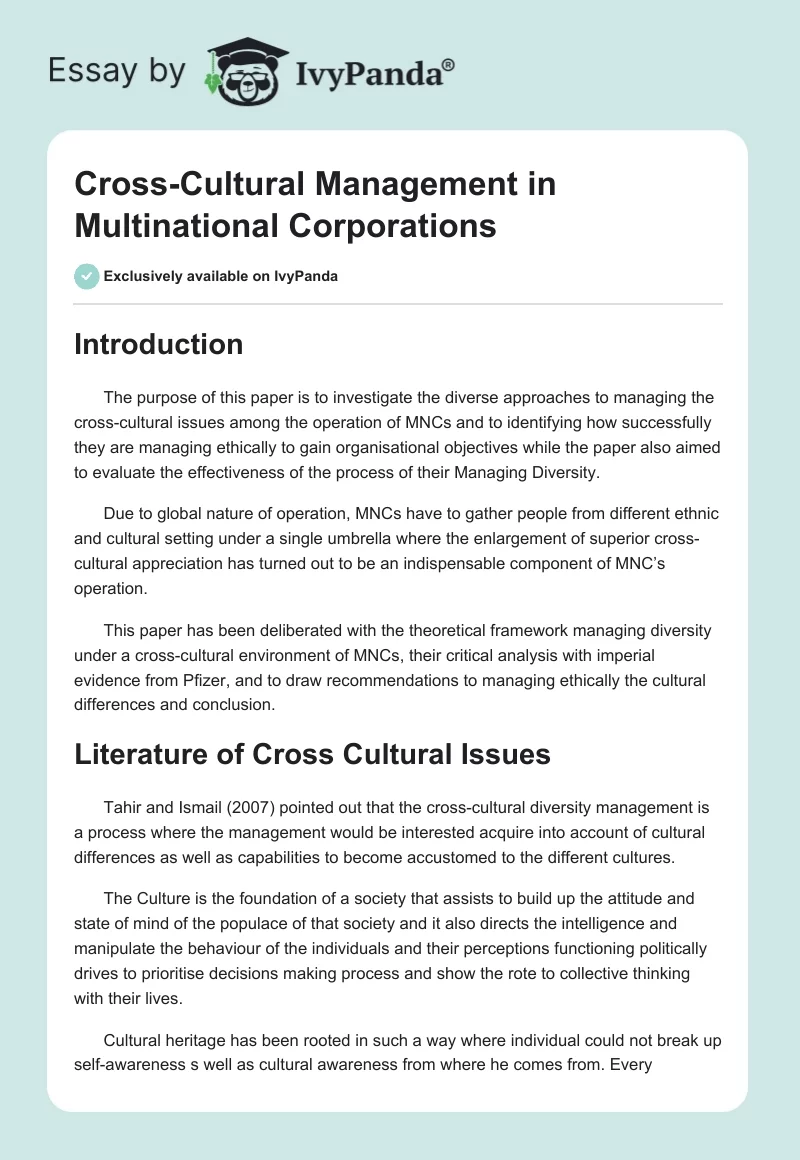 Cross-Cultural Management in Multinational Corporations. Page 1
