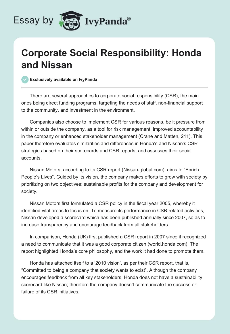 Corporate Social Responsibility: Honda and Nissan. Page 1