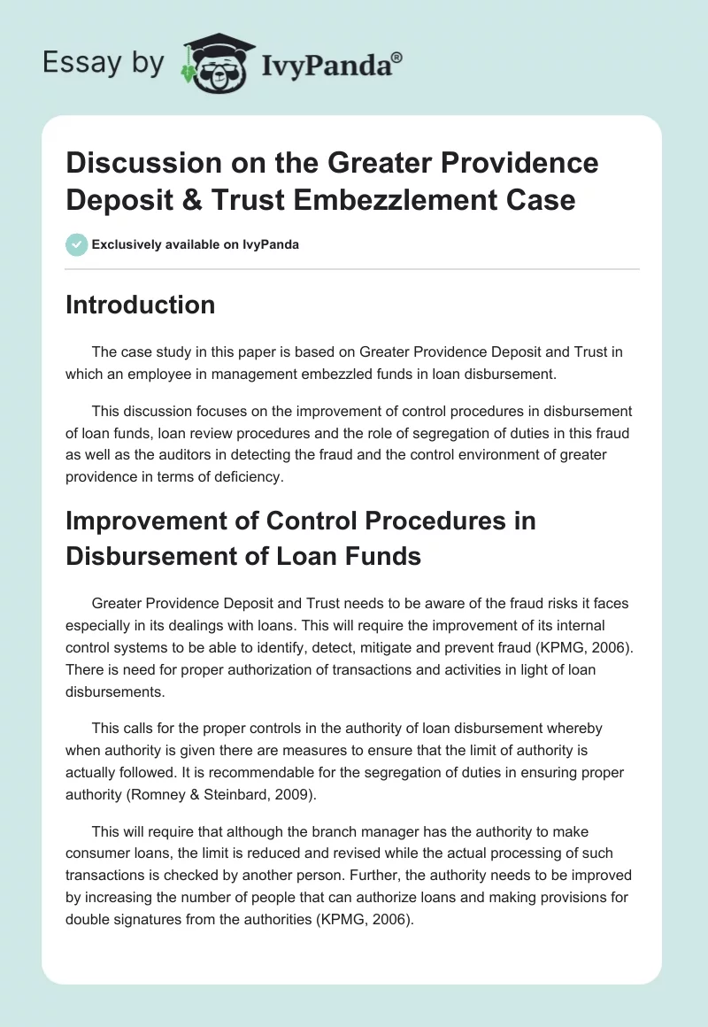 Discussion on the Greater Providence Deposit & Trust Embezzlement Case. Page 1