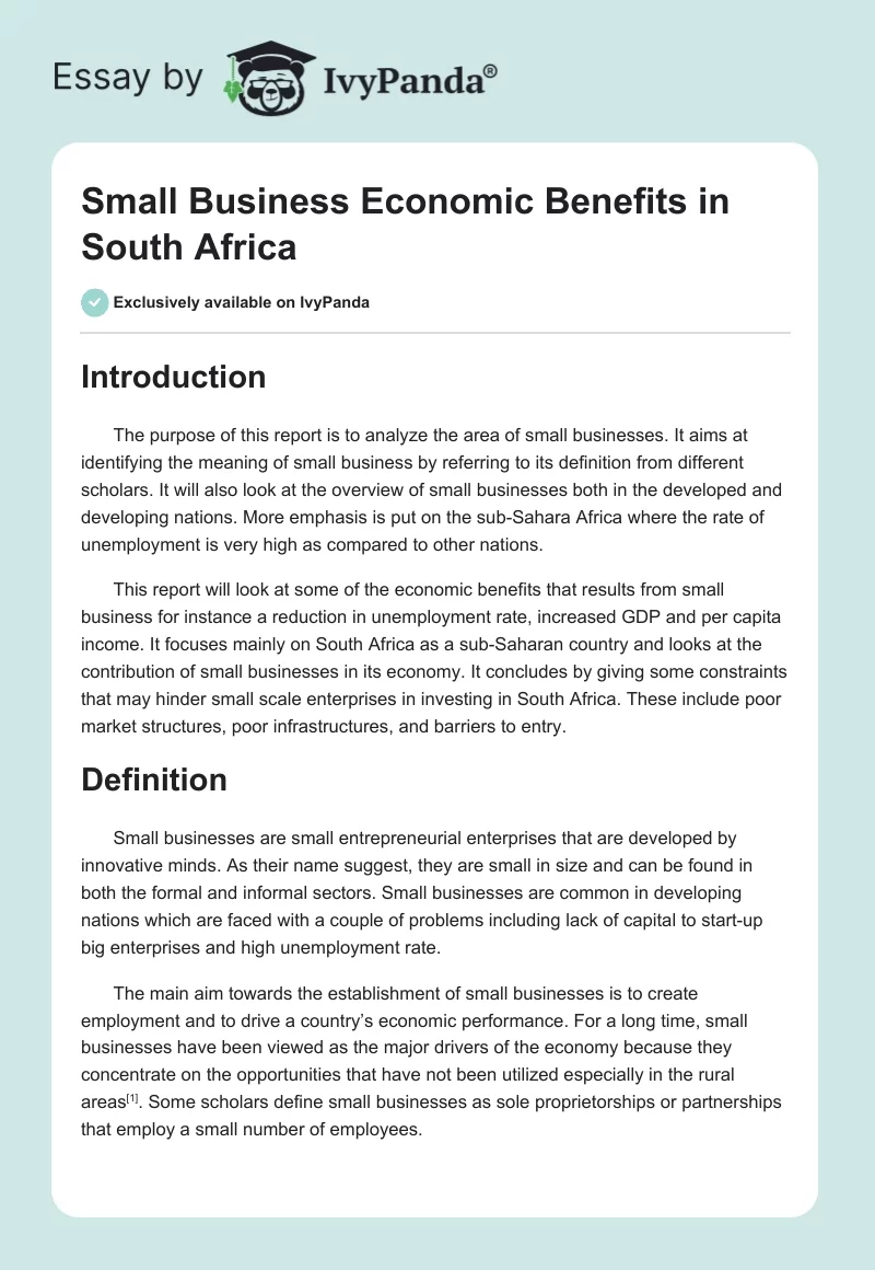 Small Business Economic Benefits in South Africa. Page 1