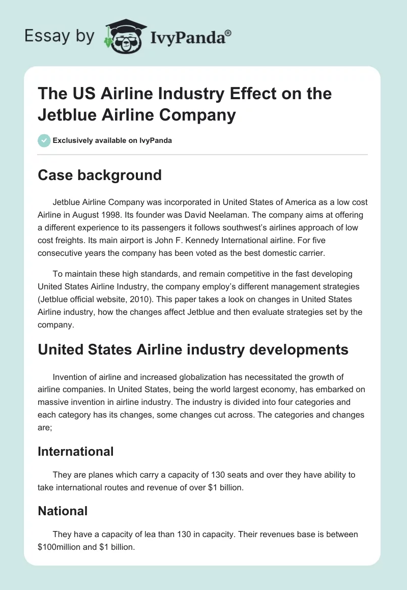The US Airline Industry Effect on the Jetblue Airline Company. Page 1