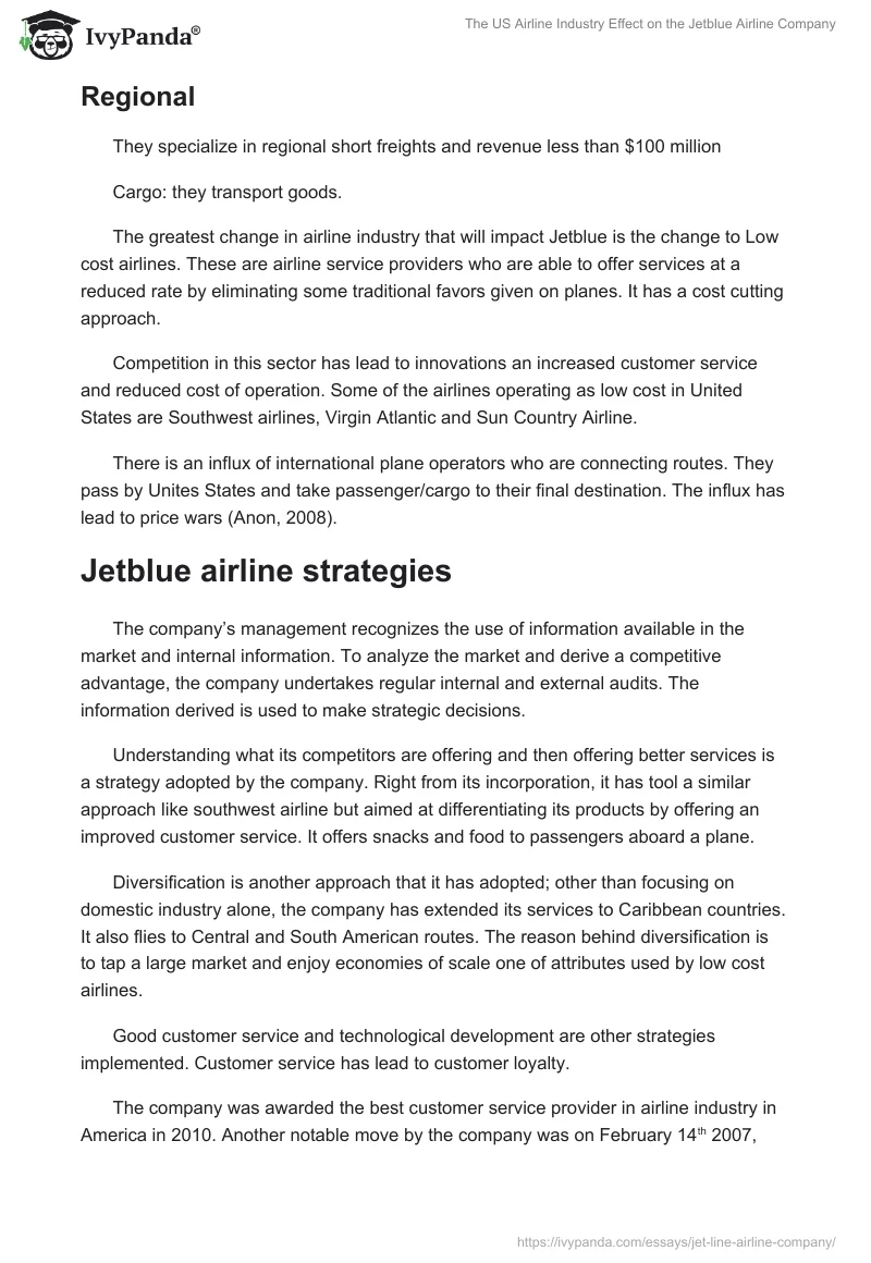 The US Airline Industry Effect on the Jetblue Airline Company. Page 2