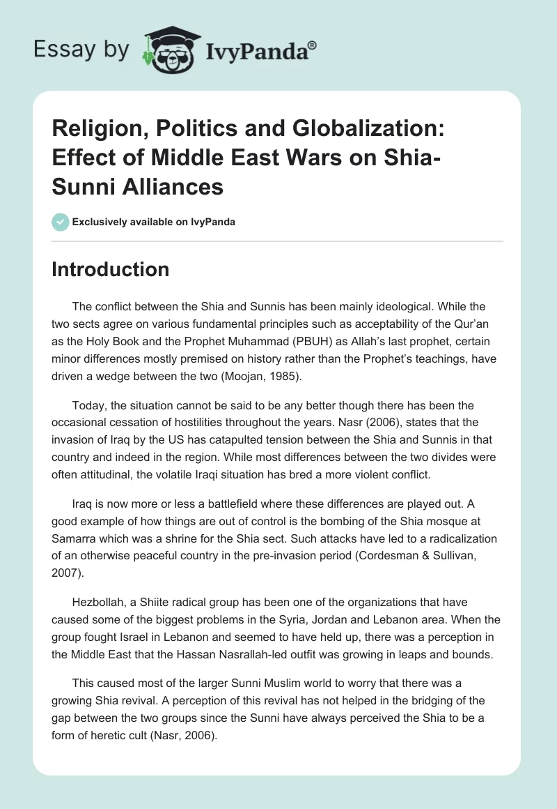 Religion, Politics and Globalization: Effect of Middle East Wars on Shia-Sunni Alliances. Page 1