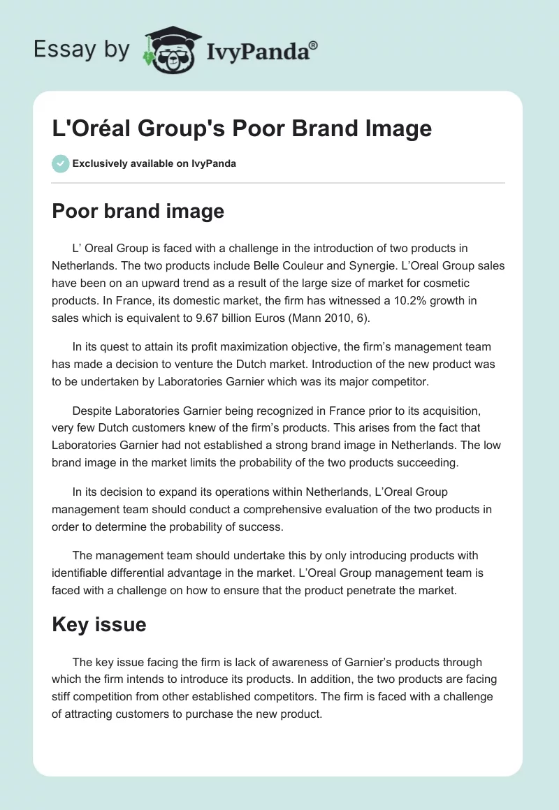 L'Oréal Group's Poor Brand Image. Page 1