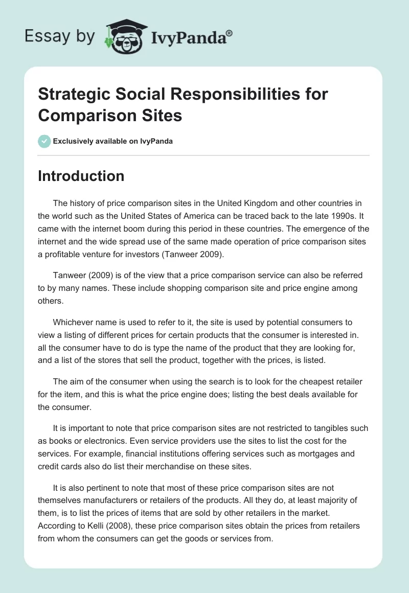 Strategic Social Responsibilities for Comparison Sites. Page 1