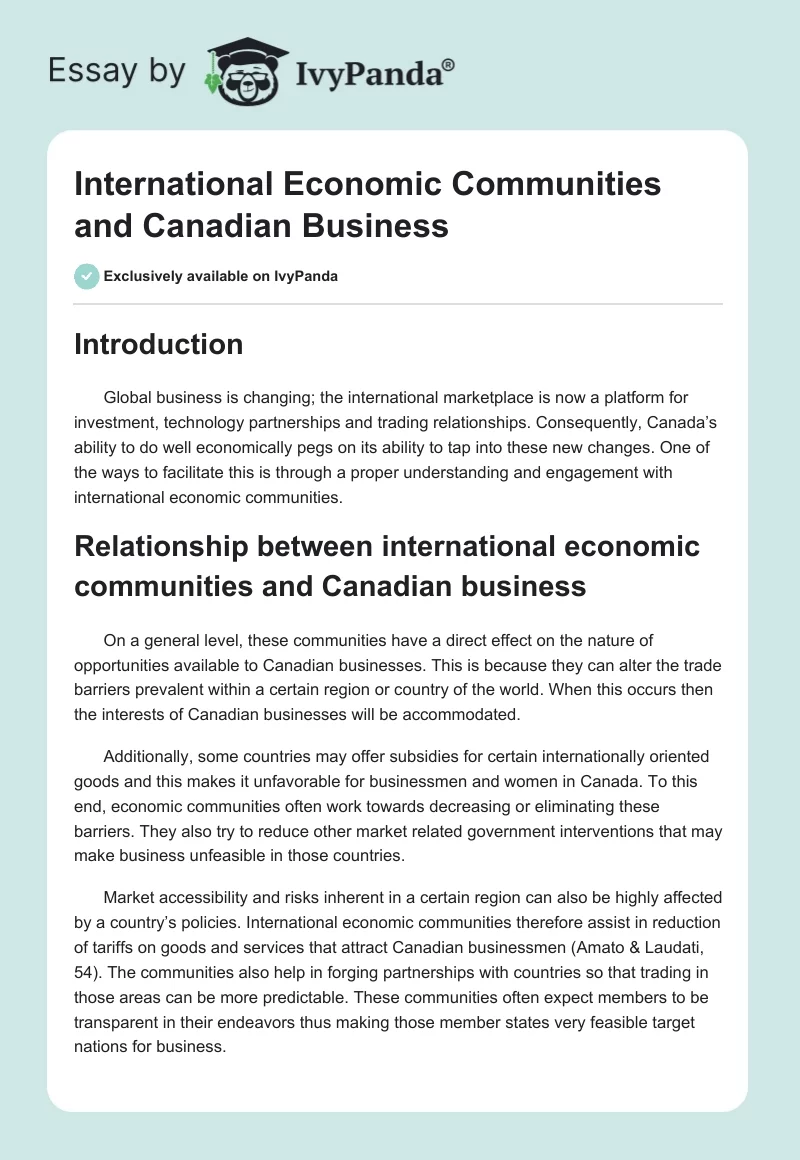 International Economic Communities and Canadian Business. Page 1