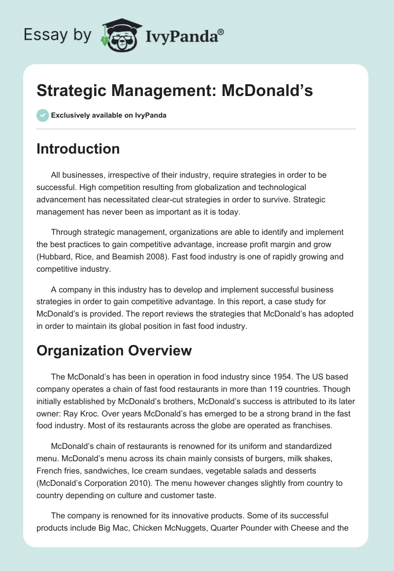 Strategic Management: McDonald’s. Page 1