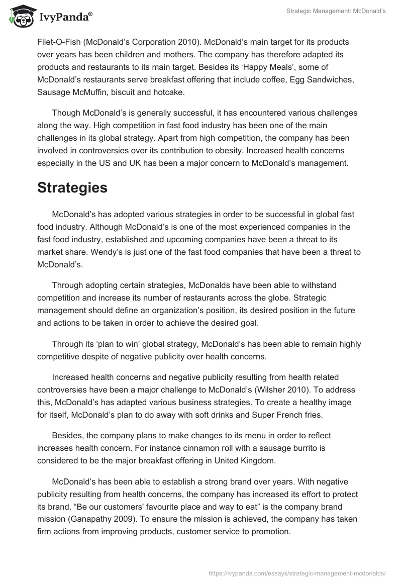 Strategic Management: McDonald’s. Page 2