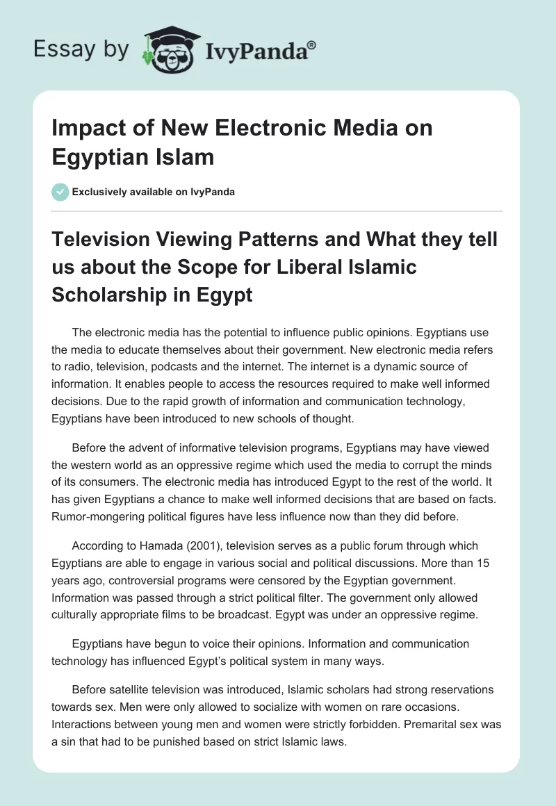 Impact of New Electronic Media on Egyptian Islam. Page 1