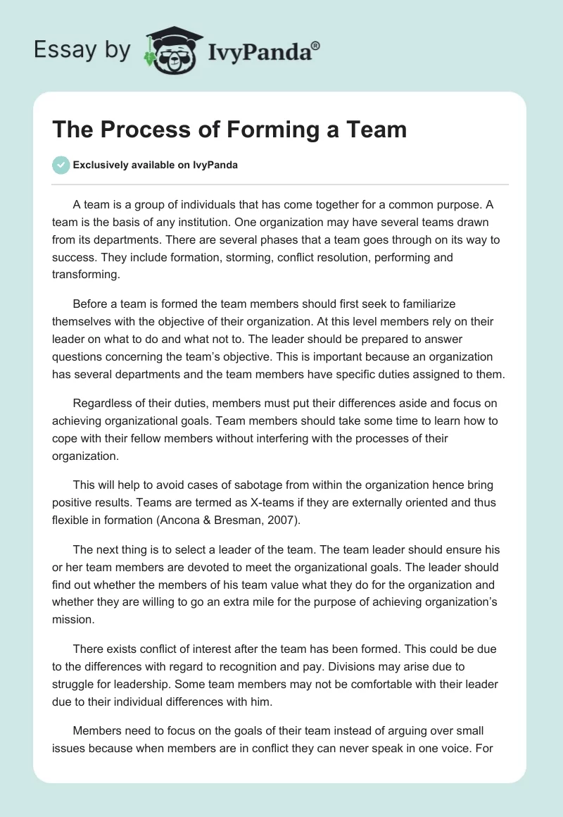 The Process of Forming a Team. Page 1