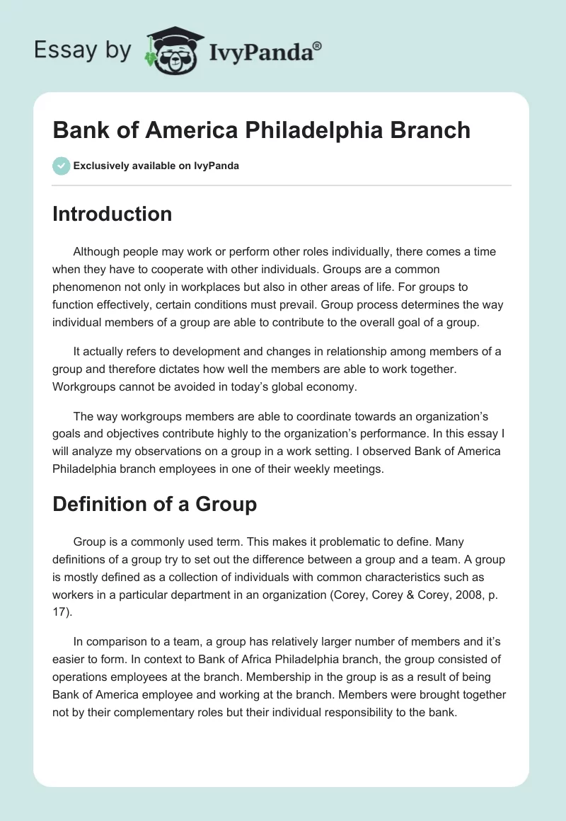 Bank of America Philadelphia Branch. Page 1