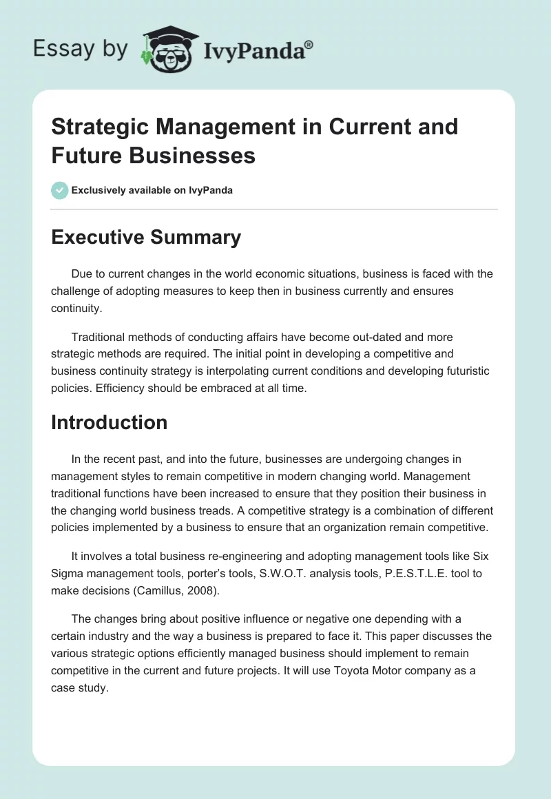 Strategic Management in Current and Future Businesses. Page 1