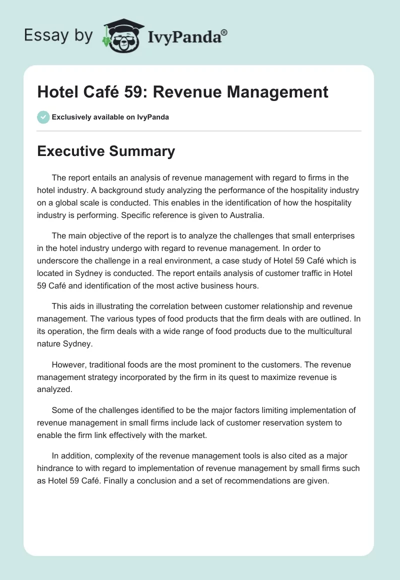 Hotel Café 59: Revenue Management. Page 1