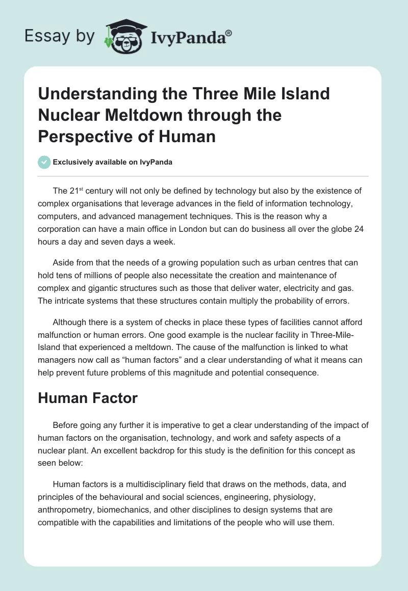 Understanding the Three Mile Island Nuclear Meltdown through the Perspective of Human. Page 1
