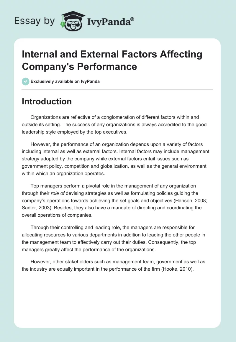 Internal and External Factors Affecting Company's Performance. Page 1