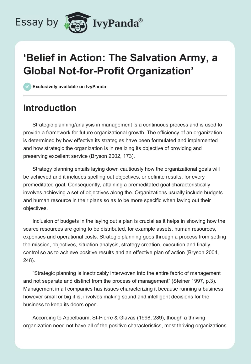 ‘Belief in Action: The Salvation Army, a Global Not-for-Profit Organization’. Page 1