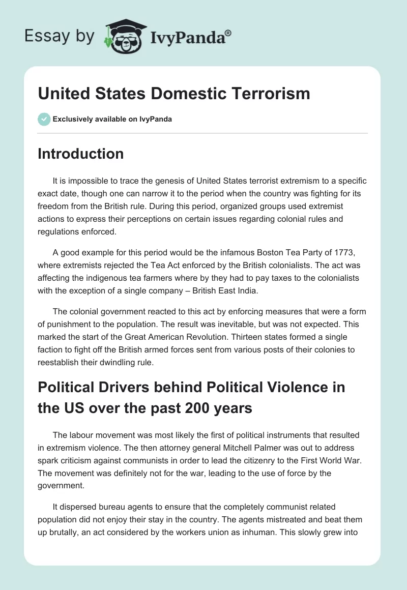 United States Domestic Terrorism. Page 1