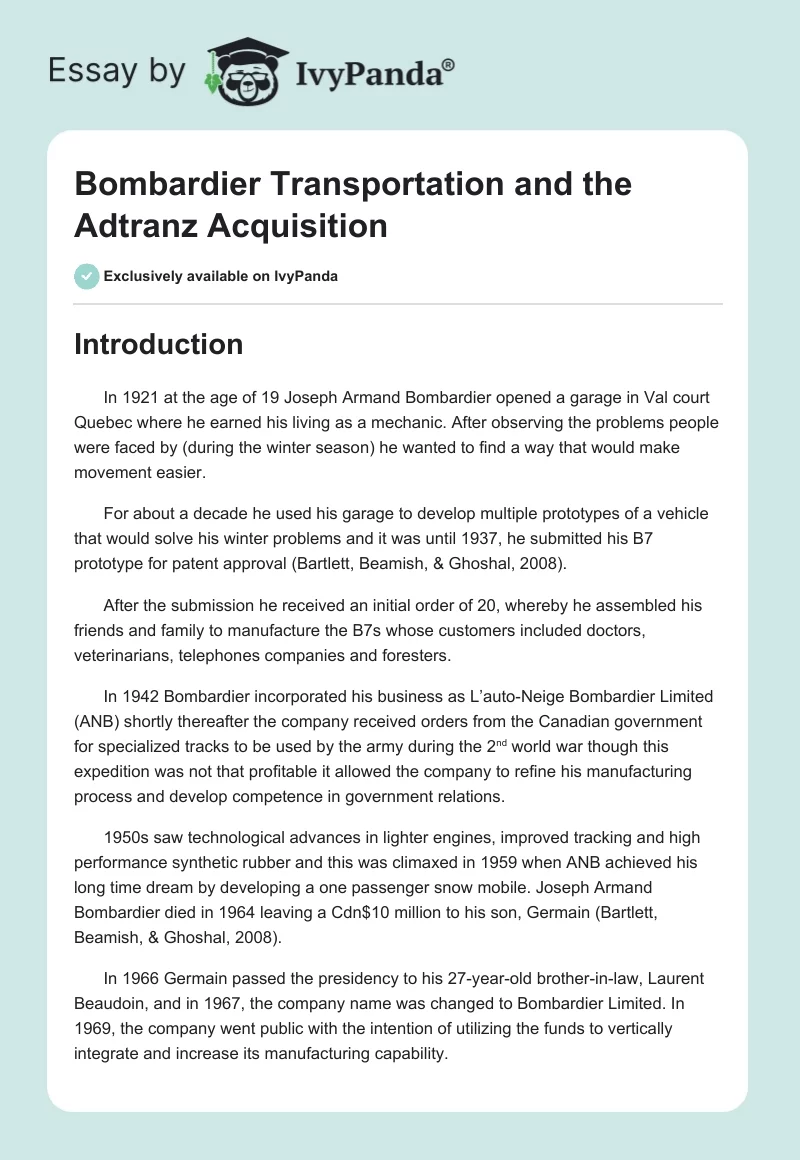 Bombardier Transportation and the Adtranz Acquisition. Page 1