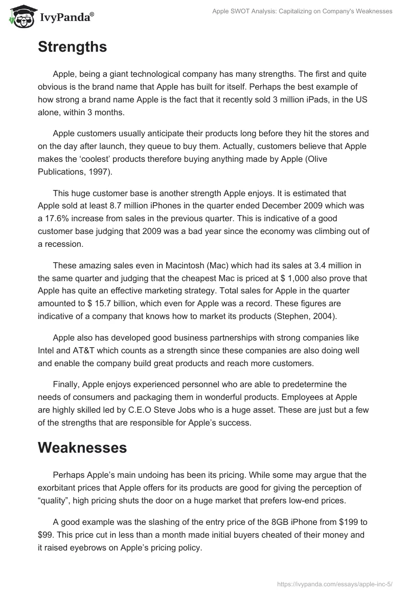 Apple SWOT Analysis: Capitalizing on Company's Weaknesses. Page 2