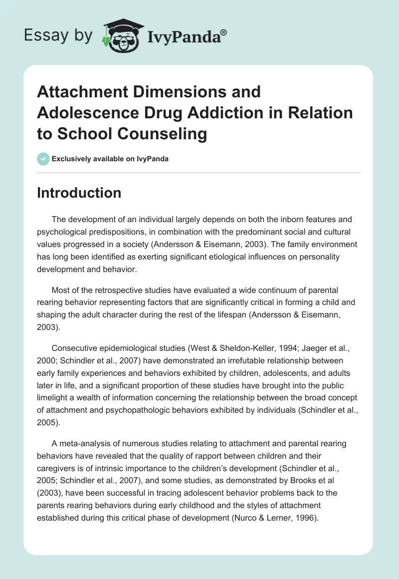 Attachment Dimensions and Adolescence Drug Addiction in Relation to School Counseling. Page 1