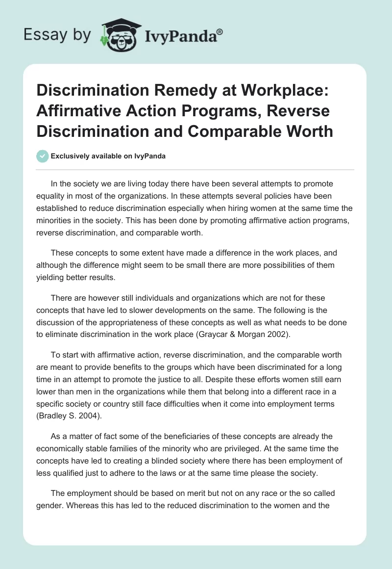 Discrimination Remedy at Workplace: Affirmative Action Programs, Reverse Discrimination and Comparable Worth. Page 1