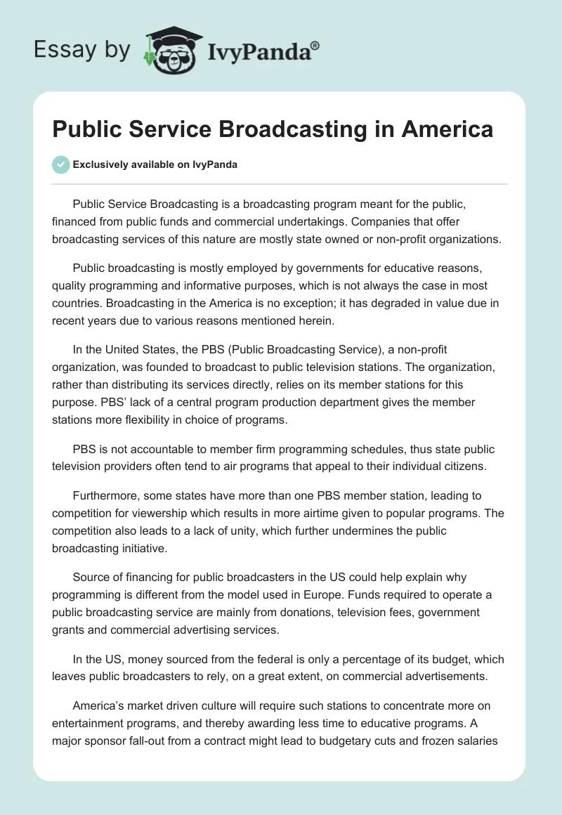 Public Service Broadcasting in America. Page 1