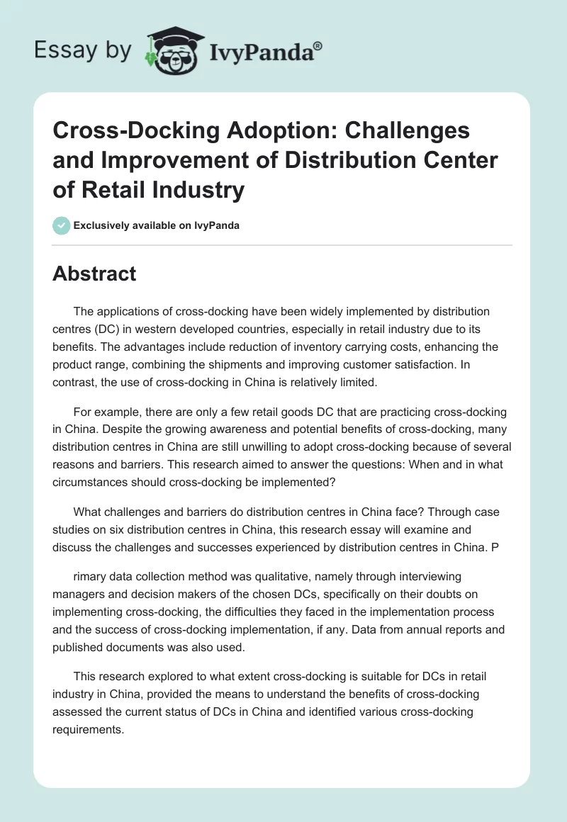 Cross-Docking Adoption: Challenges and Improvement of the Distribution Center in the Retail Industry. Page 1