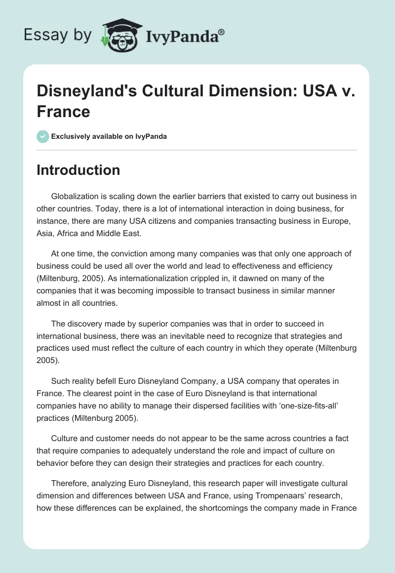 Disneyland's Cultural Dimension: USA v. France. Page 1